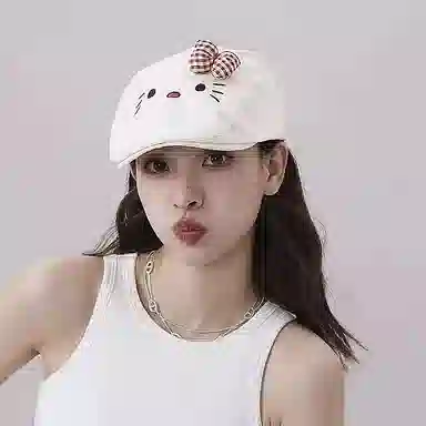 尚先生 日系可爱猫咪蝴蝶结前进帽 甜美百搭显脸小画家帽 棉 贝雷帽 女款