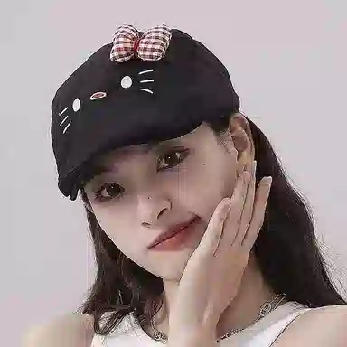 尚先生 日系可爱猫咪蝴蝶结前进帽 甜美百搭显脸小画家帽 棉 贝雷帽 女款