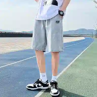 王者荣耀 鲁班七号星空梦想款 美式基础款复古水洗做旧印花直筒系带休闲宽松百搭直筒五分牛仔短裤 男女同款