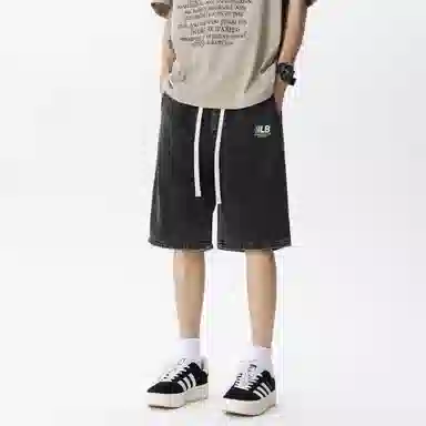 王者荣耀 鲁班七号星空梦想款 美式基础款复古水洗做旧印花直筒系带休闲宽松百搭直筒五分牛仔短裤 男女同款