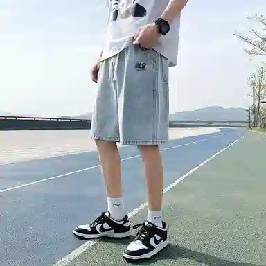 王者荣耀 鲁班七号星空梦想款 美式基础款复古水洗做旧印花直筒系带休闲宽松百搭直筒五分牛仔短裤 男女同款