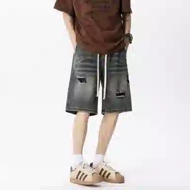 王者荣耀 标语款 复古水洗做旧破洞学生党简约中裤设计感美式高街宽松休闲日常通勤经典百搭牛仔短裤 男女同款