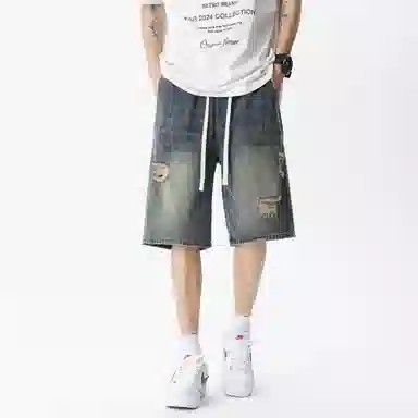 王者荣耀 标语款 复古水洗做旧破洞学生党简约中裤设计感美式高街宽松休闲日常通勤经典百搭牛仔短裤 男女同款