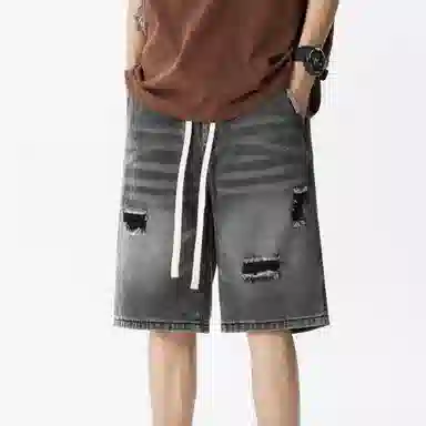 王者荣耀 标语款 复古水洗做旧破洞学生党简约中裤设计感美式高街宽松休闲日常通勤经典百搭牛仔短裤 男女同款