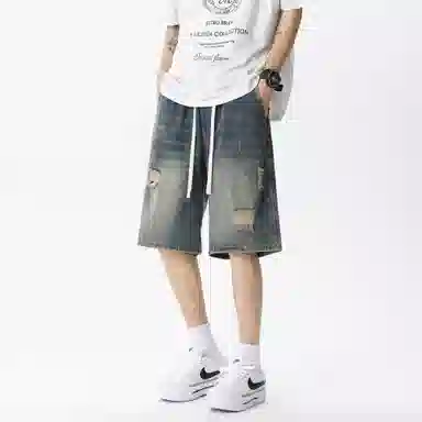 王者荣耀 标语款 复古水洗做旧破洞学生党简约中裤设计感美式高街宽松休闲日常通勤经典百搭牛仔短裤 男女同款