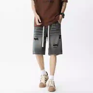 王者荣耀 标语款 复古水洗做旧破洞学生党简约中裤设计感美式高街宽松休闲日常通勤经典百搭牛仔短裤 男女同款