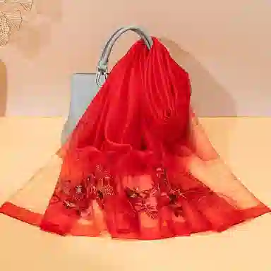 上海故事 新中式古风刺绣结婚真丝羊毛混纺 丝巾 女款