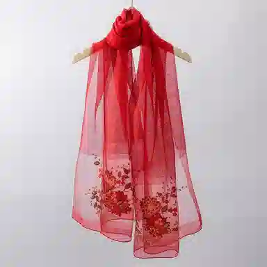 上海故事 新中式古风刺绣结婚真丝羊毛混纺 丝巾 女款