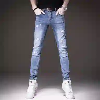 贵色 破洞时尚都市薄款微弹牛仔裤 男款