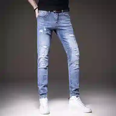 贵色 破洞时尚都市薄款微弹牛仔裤 男款
