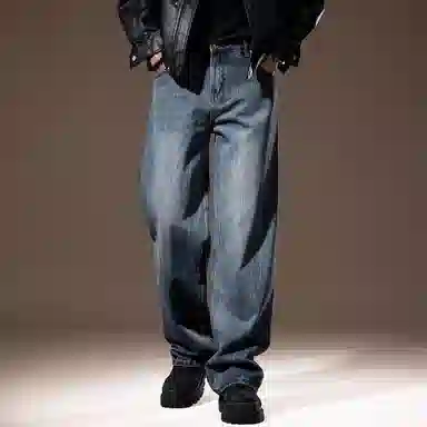 贵色 宽松直筒纯色牛仔裤 男款 水洗蓝