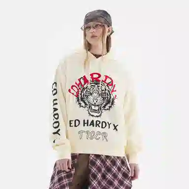 Ed Hardy Logo Print Hoodie Off-White