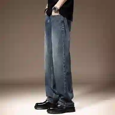 贵色 美式复古宽松直筒牛仔裤 男款 蓝色