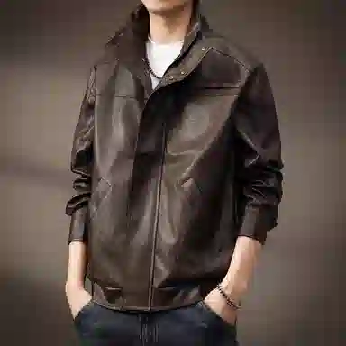 贵色 美式复古机车立领宽松纯色长袖皮衣 男款
