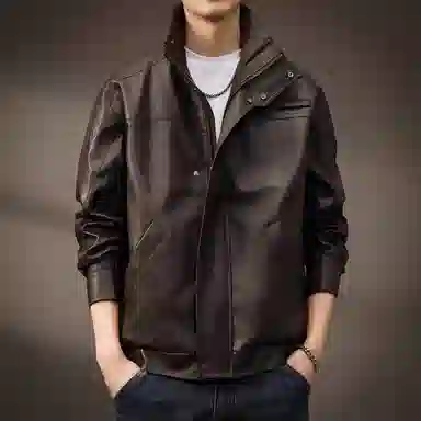 贵色 美式复古机车立领宽松纯色长袖皮衣 男款