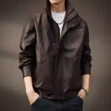 贵色 美式复古机车立领宽松纯色长袖皮衣 男款