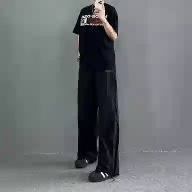 冰飞 美式复古高街机能风简约基础款手绘字母图案立体胶印宽松舒适侧边网眼拉链设计伞兵裤凉爽透气慵懒工装冰丝直筒休闲裤 男女同款