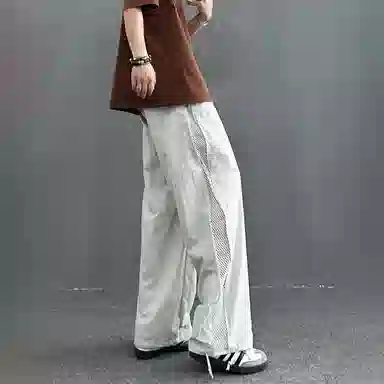 冰飞 美式复古高街机能风简约基础款手绘字母图案立体胶印宽松舒适侧边网眼拉链设计伞兵裤凉爽透气慵懒工装冰丝直筒休闲裤 男女同款
