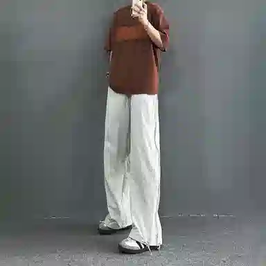 冰飞 美式复古高街机能风简约基础款手绘字母图案立体胶印宽松舒适侧边网眼拉链设计伞兵裤凉爽透气慵懒工装冰丝直筒休闲裤 男女同款