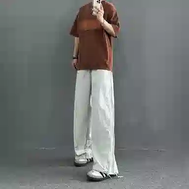 冰飞 美式复古高街机能风简约基础款手绘字母图案立体胶印宽松舒适侧边网眼拉链设计伞兵裤凉爽透气慵懒工装冰丝直筒休闲裤 男女同款