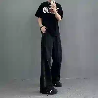 冰飞 美式复古高街机能风简约基础款手绘字母图案立体胶印宽松舒适侧边网眼拉链设计伞兵裤凉爽透气慵懒工装冰丝直筒休闲裤 男女同款