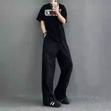 冰飞 美式复古高街机能风简约基础款手绘字母图案立体胶印宽松舒适侧边网眼拉链设计伞兵裤凉爽透气慵懒工装冰丝直筒休闲裤 男女同款