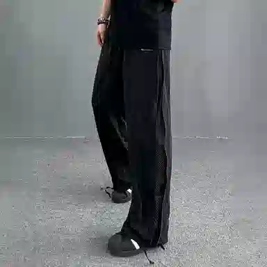 冰飞 美式复古高街机能风简约基础款手绘字母图案立体胶印宽松舒适侧边网眼拉链设计伞兵裤凉爽透气慵懒工装冰丝直筒休闲裤 男女同款