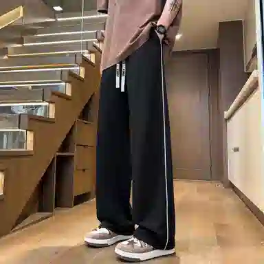 王者荣耀 美式复古弹力纯色简约运动舒适百搭长裤显高直筒垂感超薄宽松休闲裤 男女同款 黑色