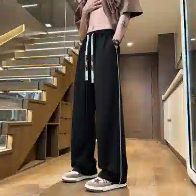 王者荣耀 美式复古弹力纯色简约运动舒适百搭长裤显高直筒垂感超薄宽松休闲裤 男女同款 黑色