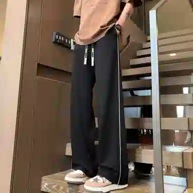 王者荣耀 美式复古弹力纯色简约运动舒适百搭长裤显高直筒垂感超薄宽松休闲裤 男女同款 黑色
