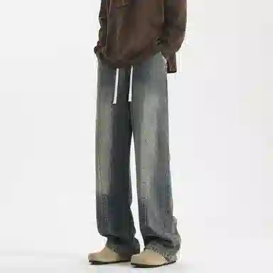 【dme】 美式复古高街纯色水洗做旧设计抽绳中腰宽松休闲垂感直筒牛仔裤 男女同款