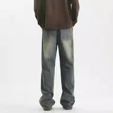 【dme】 美式复古高街纯色水洗做旧设计抽绳中腰宽松休闲垂感直筒牛仔裤 男女同款