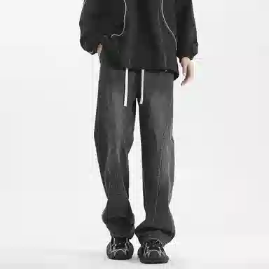 【dme】 美式复古高街纯色水洗做旧设计抽绳中腰宽松休闲垂感直筒牛仔裤 男女同款