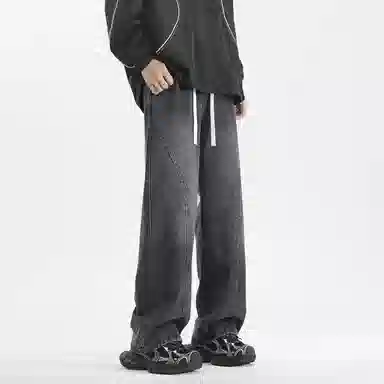 【dme】 美式复古高街纯色水洗做旧设计抽绳中腰宽松休闲垂感直筒牛仔裤 男女同款