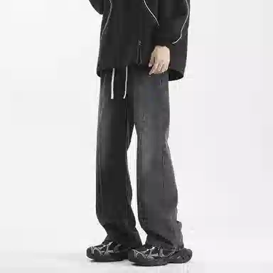 【dme】 美式复古高街纯色水洗做旧设计抽绳中腰宽松休闲垂感直筒牛仔裤 男女同款