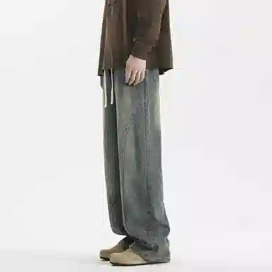 【dme】 美式复古高街纯色水洗做旧设计抽绳中腰宽松休闲垂感直筒牛仔裤 男女同款