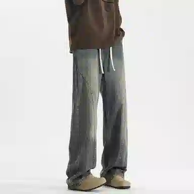 【dme】 美式复古高街纯色水洗做旧设计抽绳中腰宽松休闲垂感直筒牛仔裤 男女同款