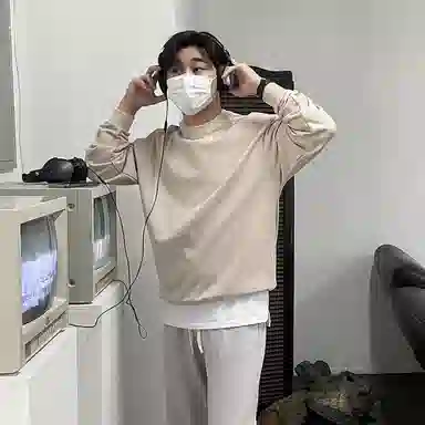 我是大卫 圆领纯色韩版港风宽松休闲百搭卫衣 男女同款 杏色