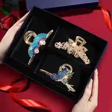 缔晶 时尚优雅新中式画扇蝴蝶流苏鲨鱼夹套装 复古气质发饰礼盒 合金 发夹 女款