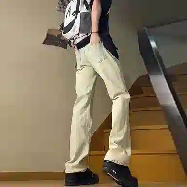 八哥 复古水洗做旧基础宽松时尚垂感柔软舒适阔腿牛仔裤 男女同款