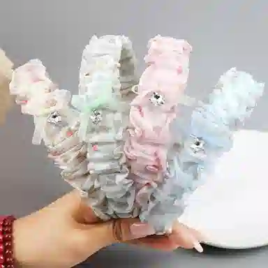 彤彤兔 韩版碎花褶皱贴钻蝴蝶结发捆高级感少女压发高颅顶 欧根纱 发箍 女款