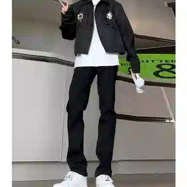 八哥 复古水洗做旧基础宽松时尚垂感柔软舒适阔腿牛仔裤 男女同款