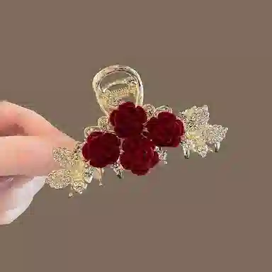彤彤兔 中国风设计师玫瑰花抓夹气质后脑鲨鱼夹女高级感半扎头饰红色 合金 发夹 女款