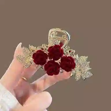 彤彤兔 中国风设计师玫瑰花抓夹气质后脑鲨鱼夹女高级感半扎头饰红色 合金 发夹 女款