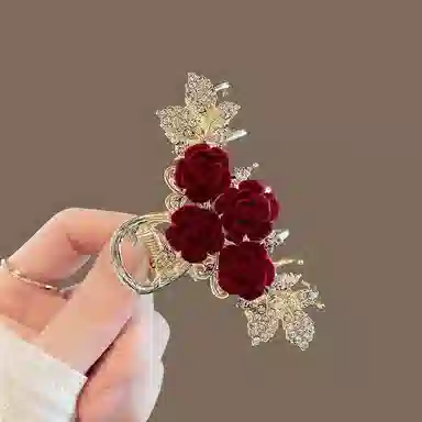 彤彤兔 中国风设计师玫瑰花抓夹气质后脑鲨鱼夹女高级感半扎头饰红色 合金 发夹 女款