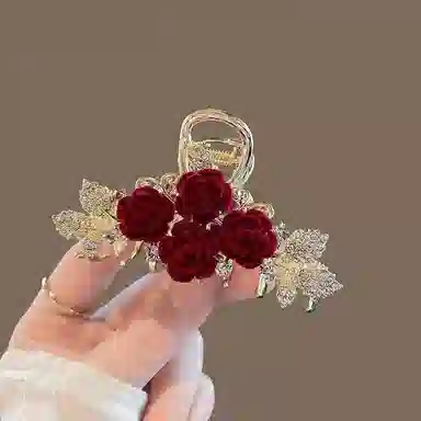 彤彤兔 中国风设计师玫瑰花抓夹气质后脑鲨鱼夹女高级感半扎头饰红色 合金 发夹 女款