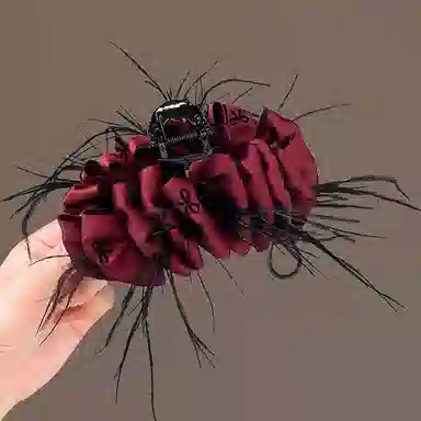 彤彤兔 抓夹高级感超仙羽毛蝴蝶结发饰新娘红色大号鲨鱼夹 树脂 发夹 女款