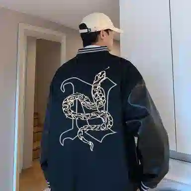 宜而爽  美式高街百搭户外嘻哈简约拼接积木蛇图案字母印花宽松休闲舒适单排扣落肩袖外套棒球服 男女同款