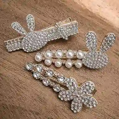 简应舒 萝卜兔水钻一字夹碎发刘海夹前额边夹侧边夹子头饰 合金+仿钻 发夹 女款