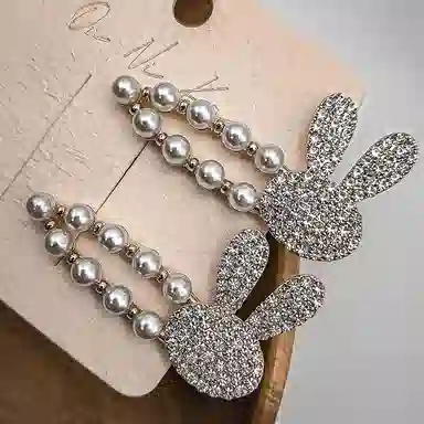 简应舒 兔头水钻珍珠一字夹碎发刘海夹前额边夹侧边夹子头饰 合金+仿钻 发夹 女款